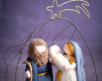 Nativity with wire cave, Waldorf-inspired fairy tale wool nativity scene, Christmas decoration, soft sculpture, collectible dolls