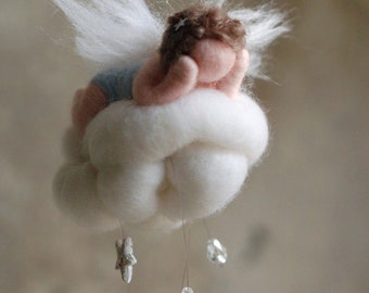 Baby angel on the speech bubble, birth, in fairy tale wool, Waldorf inspiration