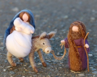 Escape to Egypt, Nativity with donkey, Waldorf-inspired fairytale wool nativity scene, Christmas décor, soft sculpture, collectible dolls