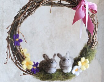 Spring garland with rabbits, Happy Easter, Waldorf inspired fairy tale wool, Easter decoration, home decoration