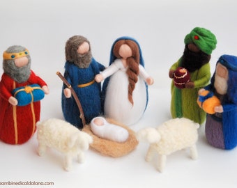 Nativity, Three Kings, two sheep, fairy tale wool nativity scene, Waldorf inspiration, Christmas decoration, soft sculpture, collectible doll