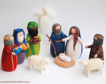 Nativity, Three Kings, Shepherd, two sheep, angel, fairy tale wool nativity scene, Waldorf inspiration, Christmas decoration, soft sculpture