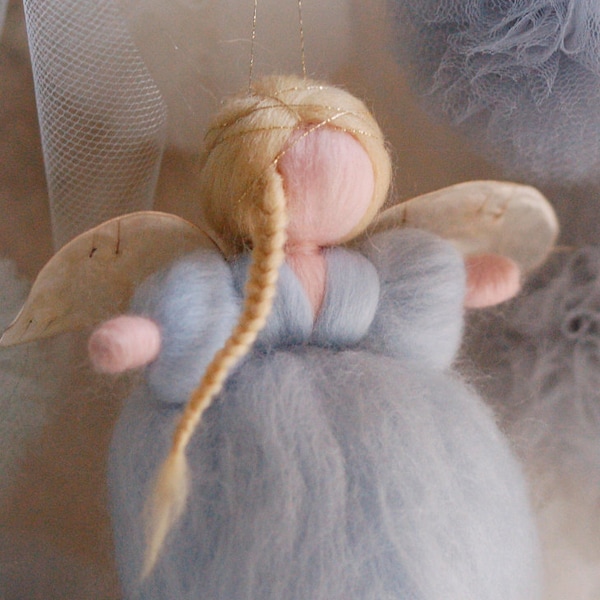 Soft baby blue angel, fairy tale wool, Waldorf inspiration, home decoration, collectible doll, soft sculpture