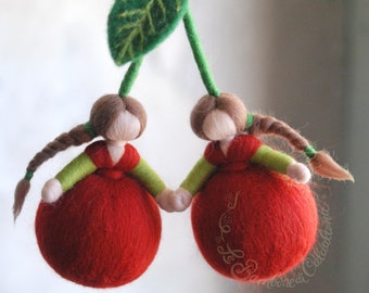 Cherries, in fairy tale wool, Waldorf inspiration, home decoration, summer decoration