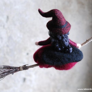 Witch in flight, burgundy, fairytale wool, Waldorf inspiration, home décor image 3