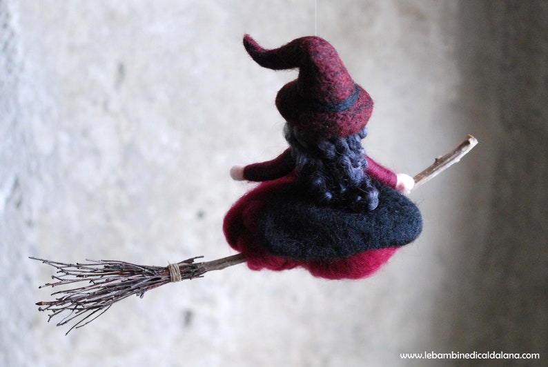 Witch in flight, burgundy, fairytale wool, Waldorf inspiration, home décor image 3