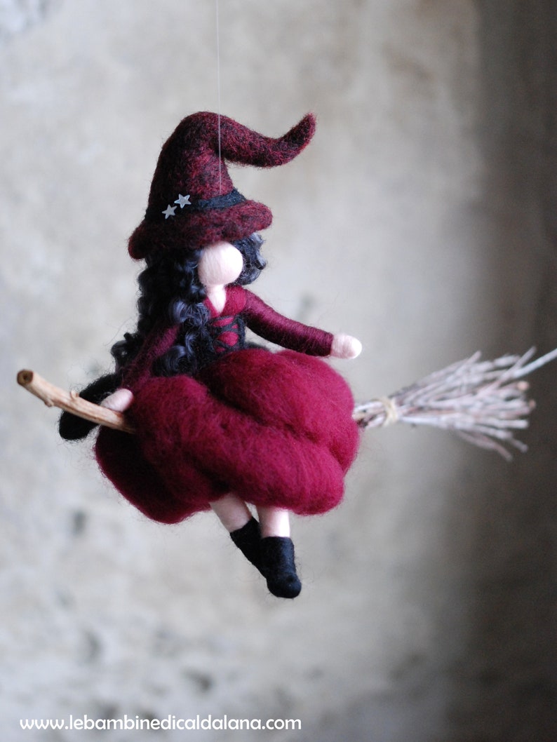 Witch in flight, burgundy, fairytale wool, Waldorf inspiration, home décor image 2