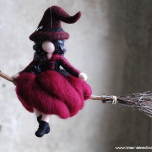 Witch in flight, burgundy, fairytale wool, Waldorf inspiration, home décor image 4