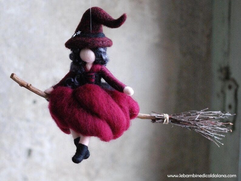 Witch in flight, burgundy, fairytale wool, Waldorf inspiration, home décor image 4