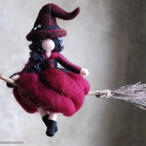 Witch in flight, burgundy, fairytale wool, Waldorf inspiration, home décor image 1