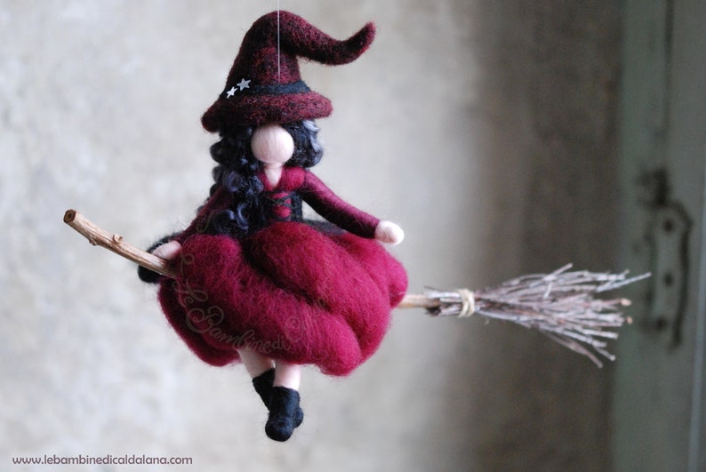 Witch in flight, burgundy, fairytale wool, Waldorf inspiration, home décor image 1