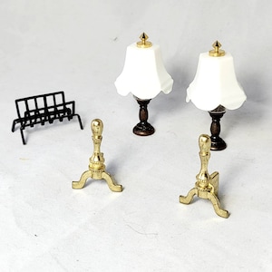 Vintage dollhouse lamps , andirons log holder