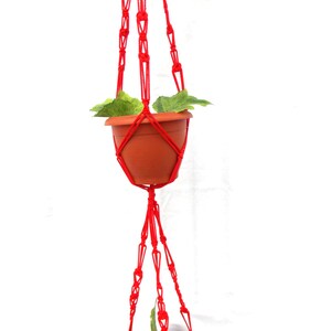 Könnte beinhalten: Ein roter Makramee-Pflanzenhänger mit zwei Topfpflanzen. Der Hänger ist aus geknotetem Seil gefertigt und hat ein klassisches Design.