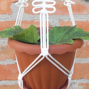 Puede incluir: Un macetero de macramé blanco con una maceta de terracota marrón y una planta verde con hojas.