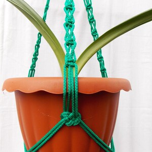 May include: A terracotta pot with a green macrame plant hanger. The plant hanger is made of thick rope and has a knot at the bottom. The pot is hanging from the ceiling.