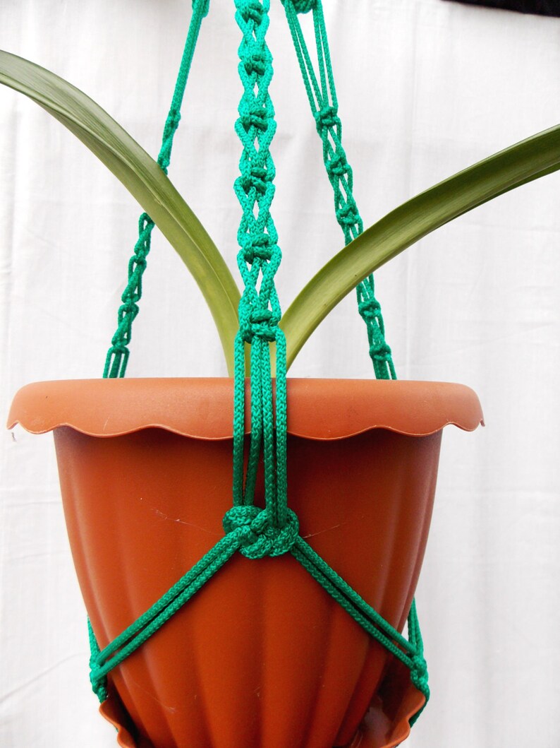 Pode incluir: Um vaso de terracota com um macram&ecirc; verde para pendurar plantas. O macram&ecirc; &eacute; feito de corda grossa e tem um n&oacute; na parte inferior. O vaso est&aacute; pendurado no teto.