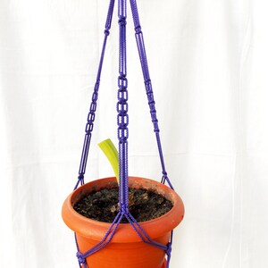 May include: A purple macrame plant hanger with a terracotta pot and a small green plant inside.