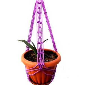 Könnte beinhalten: Ein lilafarbener Makramee-Pflanzenhänger mit einem Terrakotta-Topf und einer kleinen grünen Pflanze darin.