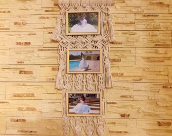 Marco de fotos de algodón natural Macrame colgante de pared Decoración de boda Boho macrame Marco de fotos de pared Idea de regalo Fondo de boda Foto de foto