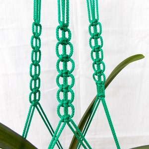 May include: A handmade macrame plant hanger in a vibrant green color. The plant hanger features a series of knotted loops and supporting cords, designed to suspend a potted plant. The image shows the top portion of the hanger, with the plant and its leaves visible.