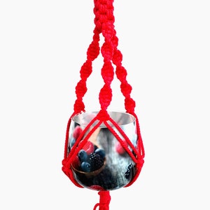 Puede incluir: Colgador de plantas de macramé rojo con una maceta de vidrio con un diseño de bayas.