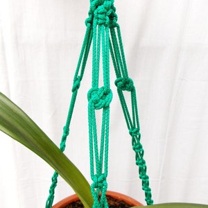 Pode incluir: Um suporte de planta de macram&eacute; verde com um design de n&oacute;. O suporte est&aacute; segurando uma planta em vaso com folhas verdes.