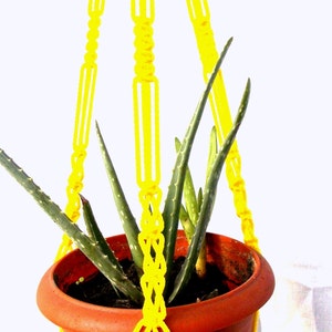 Könnte beinhalten: Ein gelber Makramee-Pflanzenhänger mit einem Terrakotta-Topf und einer grünen Sukkulente.