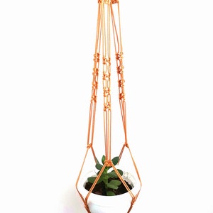 May include: A macrame plant hanger with a white pot and a small green plant inside. The hanger is made of brown cord and has a diamond shape.