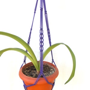 May include: Purple macrame plant hanger with a terracotta pot and a green plant hanging from it.