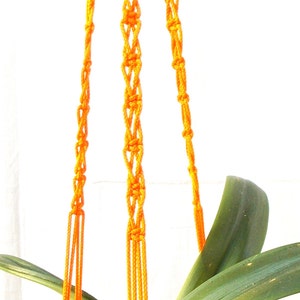 May include: Orange macrame plant hanger with three strands of rope. The hanger is made with a knot pattern and is hanging from a ceiling.