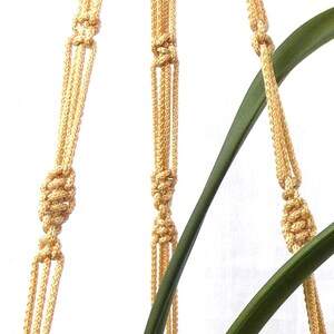 May include: A macrame plant hanger with three strands of beige rope. The hanger is knotted in a pattern that creates a series of loops. The hanger is shown with a green plant.