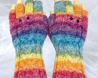 Hand-knitted gloves with owl pattern, fingerless, market women, musicians, riders,... Size 7 - 8