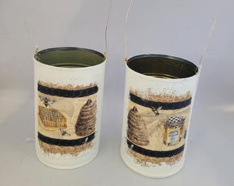Upcycled Tin Can Hanging Planters - Honeybee Decor, Set of 2