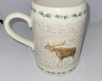 Large Oversized Vintage Cabincore Moose Mug Stein with Rustic Evergreen Pattern