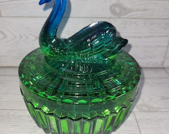 Vintage Jeanette Glass Company Green and Blue Ombre Swan Powder Jar or Trinket Box Dish