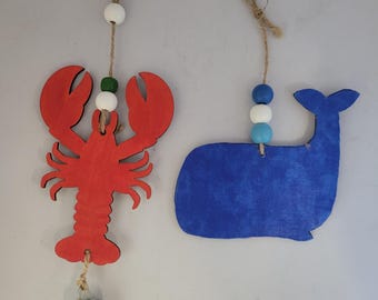 Lobster & Whale Christmas Ornament Set, Nautical Decor