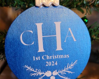 Personalized Wooden Christmas Ornament, Monogram Initial, 1st Christmas 2024