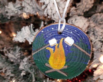 Hand-Painted Wooden Campfire Ornament * Wood Slice Roasting Marshmallow Ornament