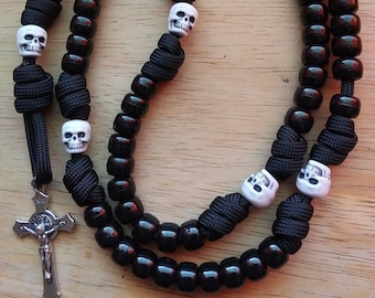 Ivory Skull Paracord Rosary Black Beads Silver St Benedict medal Crucifix Momento Mori