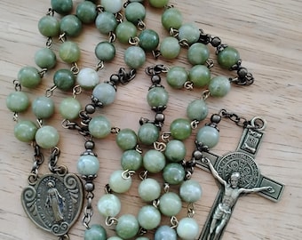 Connemara Marble Rosary 8mm Gemstone Beads Bronze Vintage French Estate Irish Celtic