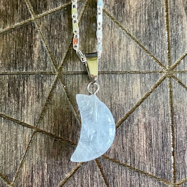 Quartz Crescent Moon Pendant Necklace | Crystal Gemstone Jewelry | Chain Included