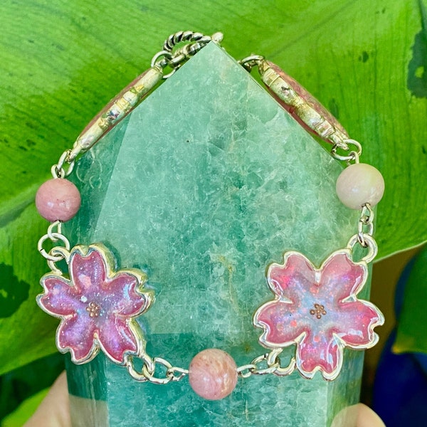 Rhodochrosite Bracelet Floral Spring Cherry Blossom Ostara Flower | Handmade Jewelry