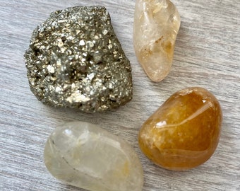 Solar Plexus Chakra Crystal Set | Pyrite | Citrine | Rutilated Quartz | Golden Healer Quartz Tumbled Stones