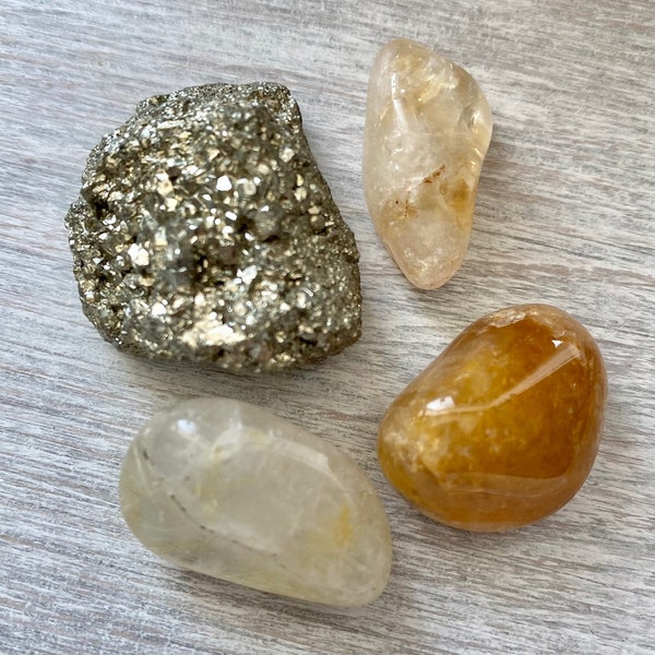 Solar Plexus Chakra Crystal Set | Pyrite | Citrine | Rutilated Quartz | Golden Healer Quartz Tumbled Stones