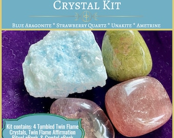 Kit de ritual de cristal de afirmación de llamas gemelas / Alma gemela / Alma gemela / Aragonita azul / Cuarzo fresa / Unakita / Ametrina