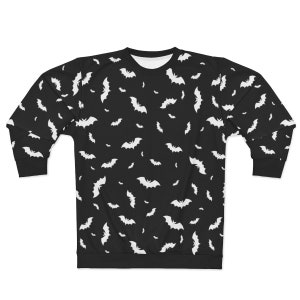 May include: Black sweatshirt with a white bat pattern.