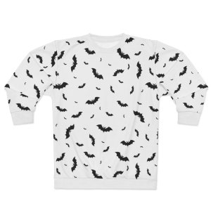 May include: White sweatshirt with a black bat pattern. The bats are scattered randomly across the sweatshirt.
