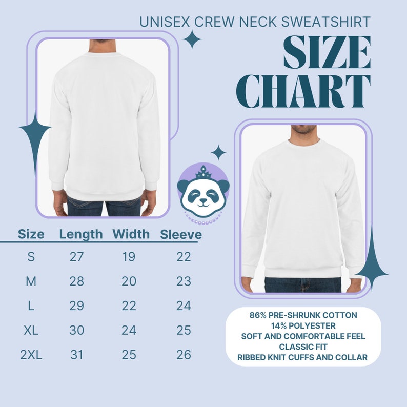 May include: Size chart for a unisex crew neck sweatshirt. The chart shows the size, length in inches, width in inches, and sleeve length in inches. The fabric is 86% pre-shrunk cotton and 14% polyester. It has a soft and comfortable feel, a classic fit, and ribbed knit cuffs and collar.