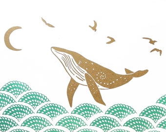 Impresión en bloque de ballena jorobada: Arte oceánico con tinta dorada