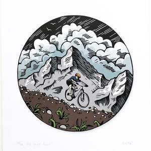 The Old Ghost Road - a digital print of a hand coloured lino print of mountain biking in NZ.